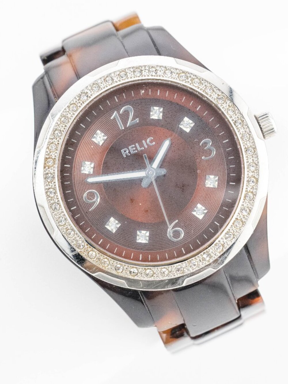 RELIC ZR11893 Tortoise Shell Crystal Quartz Analog Women's Watch New Battery
